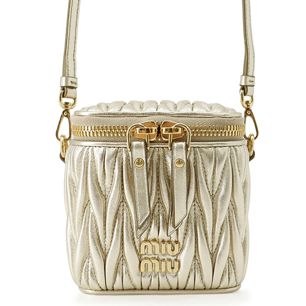 Miu Miu metallic gold Matelasse nappa vanity crossbody bag quilted lettering